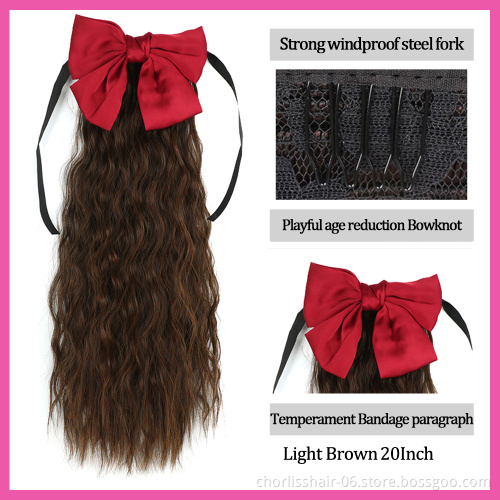 Wholesale 20''Black Brown Long Kinky Curly Wave Synthetic Bowknot Drawetring Ponytail Wrap Clip in Hair Extension For Women